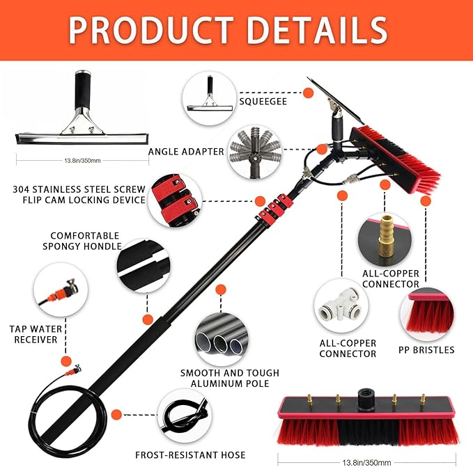 Water Fed Pole Brush Kit, Solar Panel Window Cleaner Cleaning Brush & Pole Kit Extendable Outdoor Window Cleaner W/Hose Squeegee,(Size:36FT)