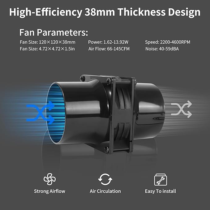 120mm 12V Exhaust Duct Fan Kit with Dual 4" Flange Adapters Stepless Speed Controller High-CFM for 3D Printer Laser Engraver Soldering Fume Extractor Grow Tent and DIY Ventilation Projects