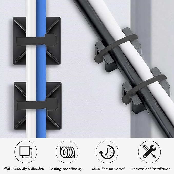 smseace 360Pcs Strong Back-Glue Self Adhesive Black Cable Zip Tie Mounts Kit with 6inch Zip Ties and Screws, UV Protection Outdoor Sticky Wire Fasteners Cable Clips Management