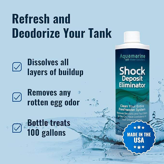 Aquamarine Water Solutions – Shock RV & Boat Water Tank Deep Cleaner and Deodorizer – Treats, Maintains Boat, RV & Household Fresh Water Systems – Ideal for Use Following Seasonal Storage – 12 Fl Oz