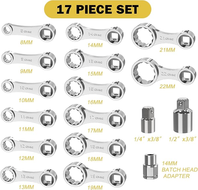 17 pcs Metric Torque Adapter Set - 12 Point Extensions & Bit Adapter (3/8", 8, 9, 10, 11, 12, 13, 14, 15, 16, 17, 18, 19, 20, 21, 22mm, 1/2''+1/4'')