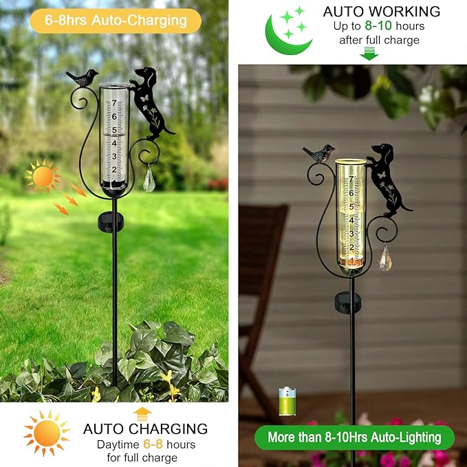 Dachshund Dog Rain Gauge Outdoor,Solar Powered Decorative Metal Dog and Bird Garden Stakes,Rain Gauges for Yard,Pathway,Lawn