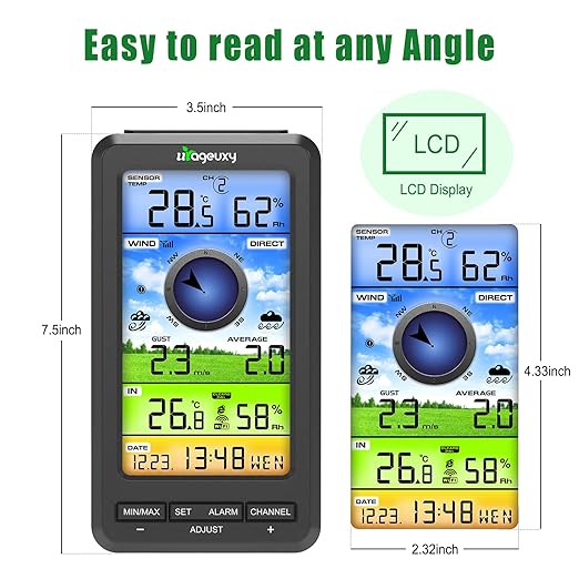 Urageuxy Wireless WiFi Weather Station Anemometer with Solar Wind Speed/Direction, and Indoor Outdoor Thermometer and Hygrometer