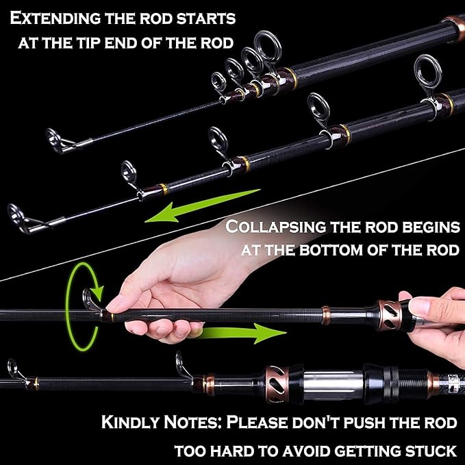 PLUSINNO Fishing Rod and Reel Combos, Toray 24-Ton Carbon Matrix Telescopic Fishing Rod, 12 +1 Shielded Bearings Stainless Steel BB Spinning Reel
