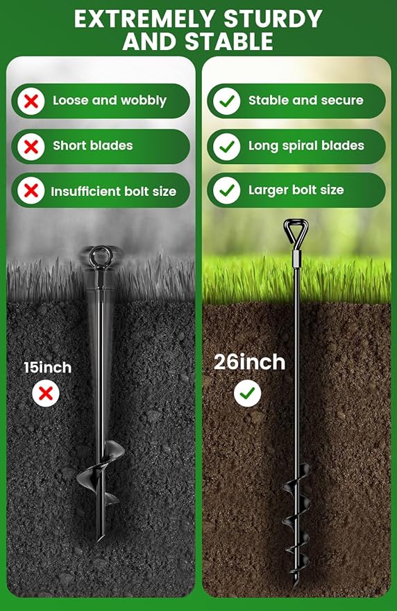 26-Inch Ground Anchors Heavy Duty, Trampoline Stakes Anchors Screw-in for High Wind, Earth Anchor with Strong Straps for Swing Sets, Trampolines, Mobile Home, Sheds, Carports(4x26in)