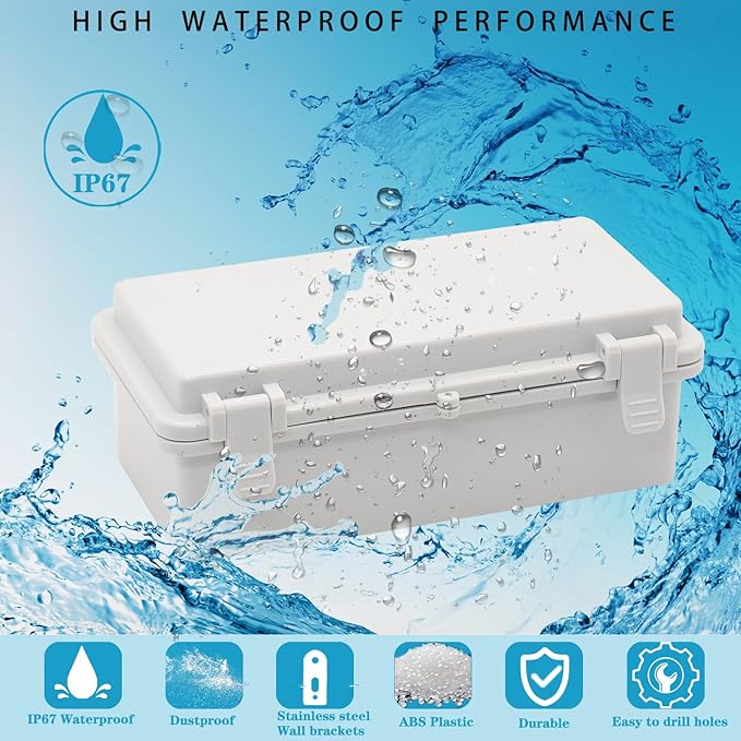 Waterproof Electrical Box Dustproof Junction Box Weatherproof IP67 ABS Plastic Enclosure Switch Router Project Box with Mounting Plate with Wall Bracket 2 Cable Glands Grey 7.9"x3.9"x2.8"