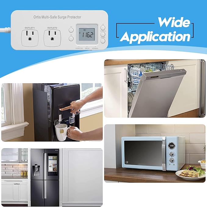 Refrigerator Surge Protector, Ortis Double Outlet RV Appliance Surge Protector with Time Delay & Real-Time Electricity Usage Monitor, Protects All Voltage Abnormalities, White