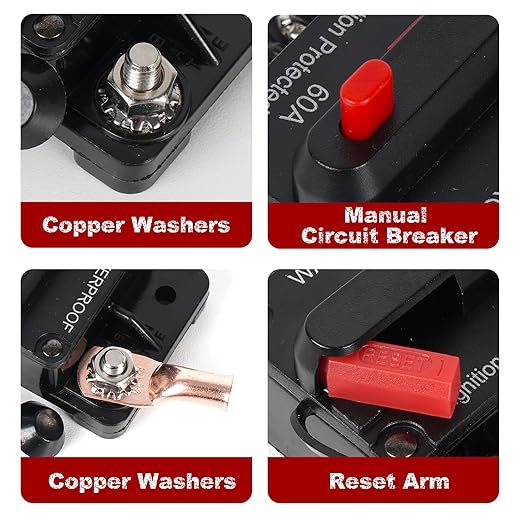 40 Amp Circuit Breaker Manual Reset Waterproof Inline Fuse Inverter for Car ATV Marine Trolling Motors Boat Power Protect 12V-48V, with Wire Lugs Copper Washer Screw
