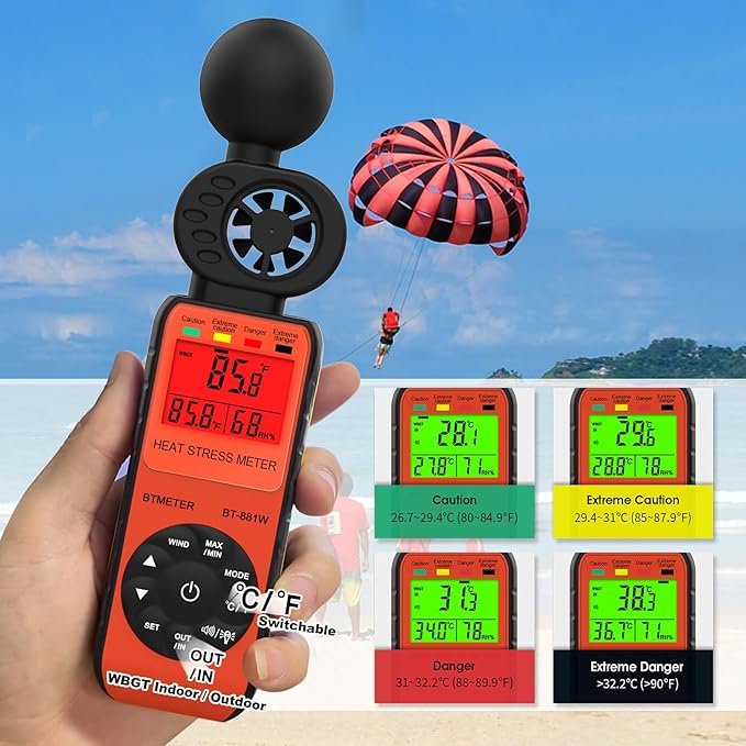 BTMETER Heat Stress Meter Anemometer - Digital Indoor/Outdoor WBGT (Wet Bulb Globe Temperature) Meter with Wind Speed, Ambient Temp, Humidity Tester BT-881W 2pcs