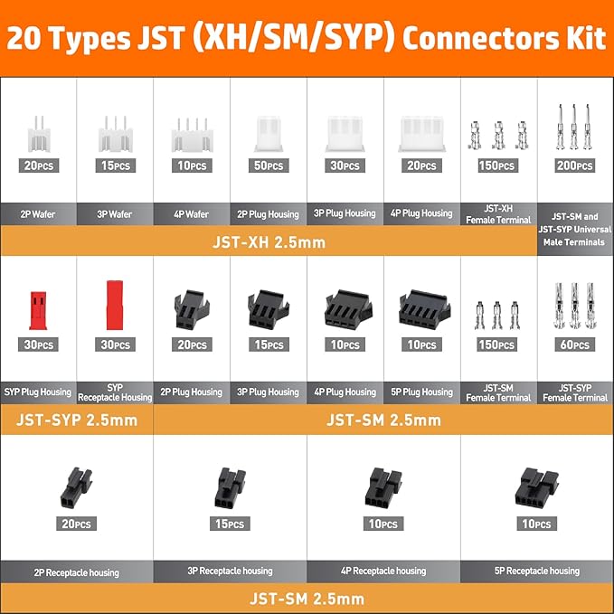 PEBA Crimping Tool and JST Connector Kit - 20 Types of 2.5 mm JST-XH Connectors & Crimp Pins, 2.5 mm JST-SM & JST-SYP Housings and Contacts, for DIY Electronics - Suitable for AWG 32-20 Wires