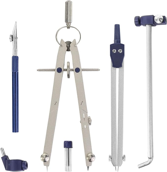 Pacific Arc Spring Bow Compass with Extension bar, ruling Pen, 6 inch Divider, Universal Adaptor, 6 inch Break Leg, and Replacement Lead.