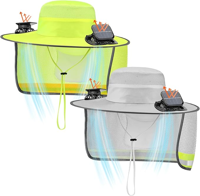 2 Pcs Sun Hat with Fan Solar&USB Powered for Men Women UPF 50+ UV Protection Wide Brim Safety Sun Hat for Out Work