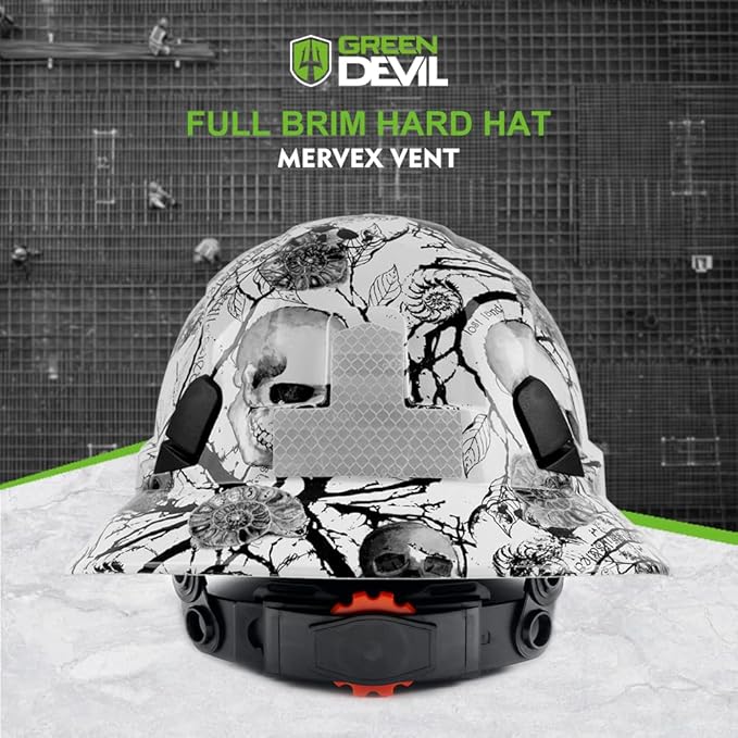 GREEN DEVIL Full Brim Hard Hat Vented Construction Safety Helmet OSHA Approved Cascos De Construccion ABS Work Hardhat for Men&Women 6 Point Adjustable Ratchet Suspension Custom Pattern Design