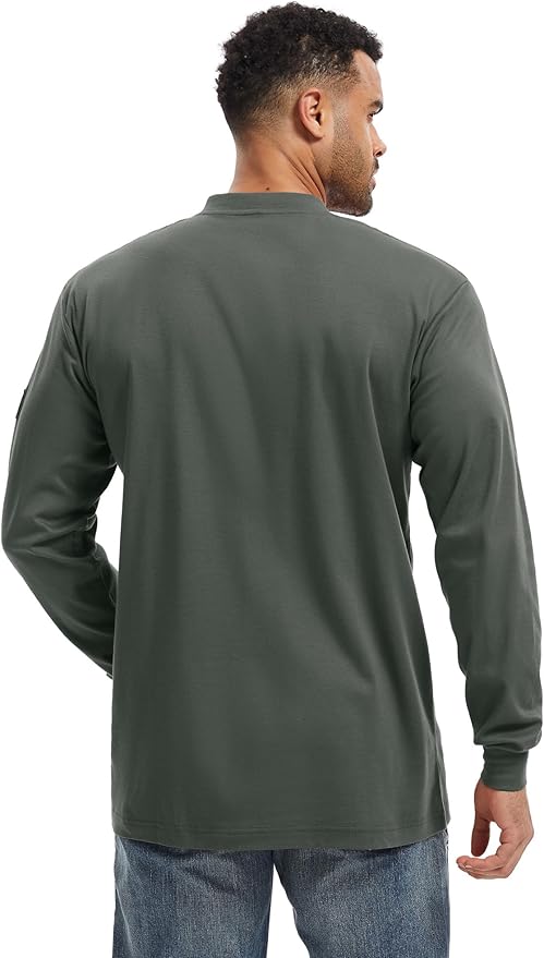 WORKWEYA 6.5oz Flame Resistant Henley Shirt 100% Cotton Lightweight FR Shirts for Men