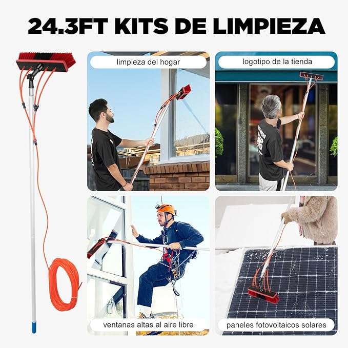 Window Cleaning Tool, Extendable Window Glass Cleaning Tool, Telescopic Roof Cleaning Long Handle Pole Cleaner Brush for Solar Panel, House Siding, Pool, RV,26.25Ft