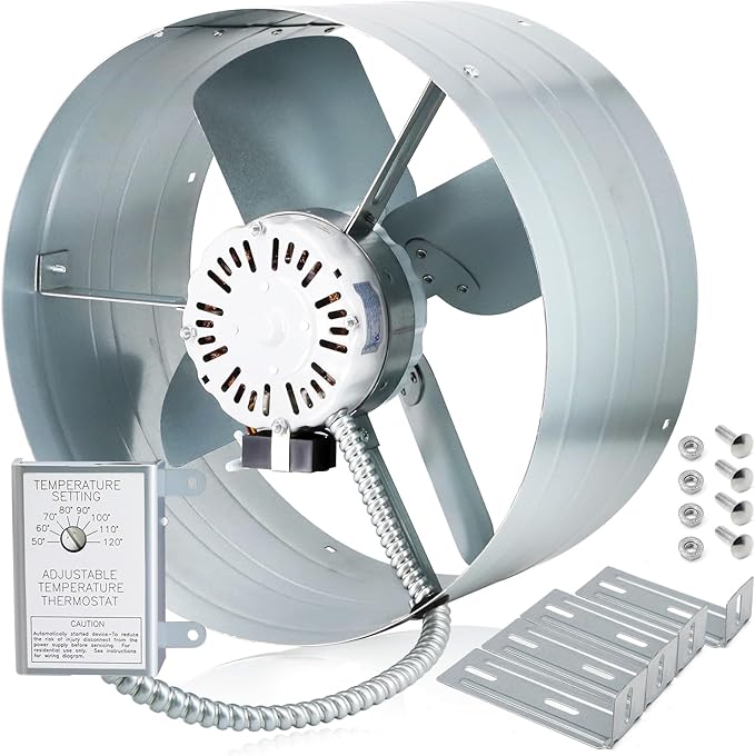 Hiorucet Upgraded 15 Inch Gable Vent Exhaust Fan, 1650CFM 2500 SQF High Performance Low Noise Gable Mount Attic Fan with Adjustable Thermostat, 14 Inch Blade and Permanently Lubricated Motor 1075RPM.