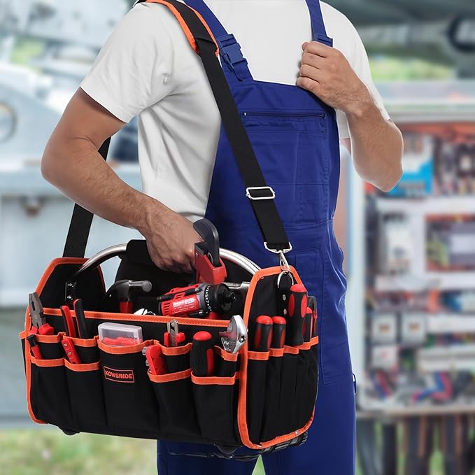 16 Inch Tool Bag, Electrician Tool Bag, Open Top Tool Bags, 26 Pockets Can Hold Many Tools, Steel Handle and Removable Shoulder Strap