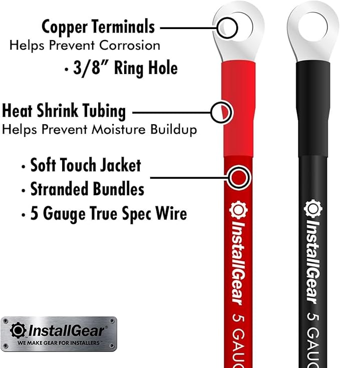 InstallGear 1/0 Gauge Wire - 2 Feet OFC Battery Power Inverter Cable Set - Durable PVC Jacket and Tinned Copper Lugs - Reliable 1/0 Battery Cable for Car, RV, Marine, Solar