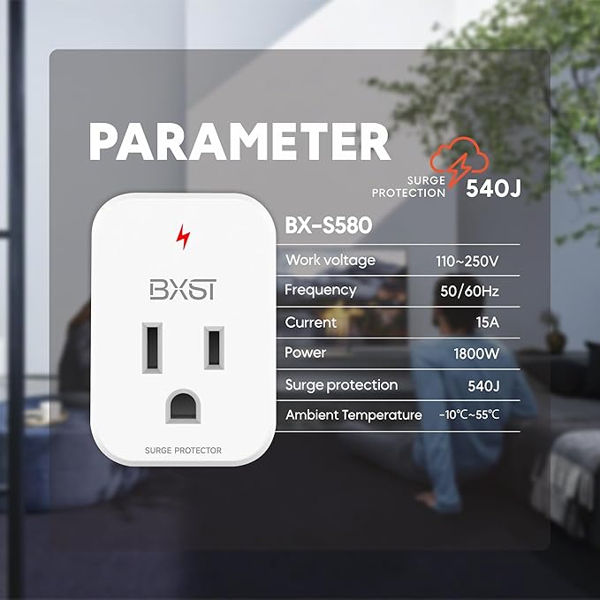 BXST Single Outlet Surge Protector, Refrigerator Surge Protector Wall Socket,Ground Protected Light Indicator for TV, Air Conditioner, Washing Machine and Home Appliances,15A 1800W, 2 Pack