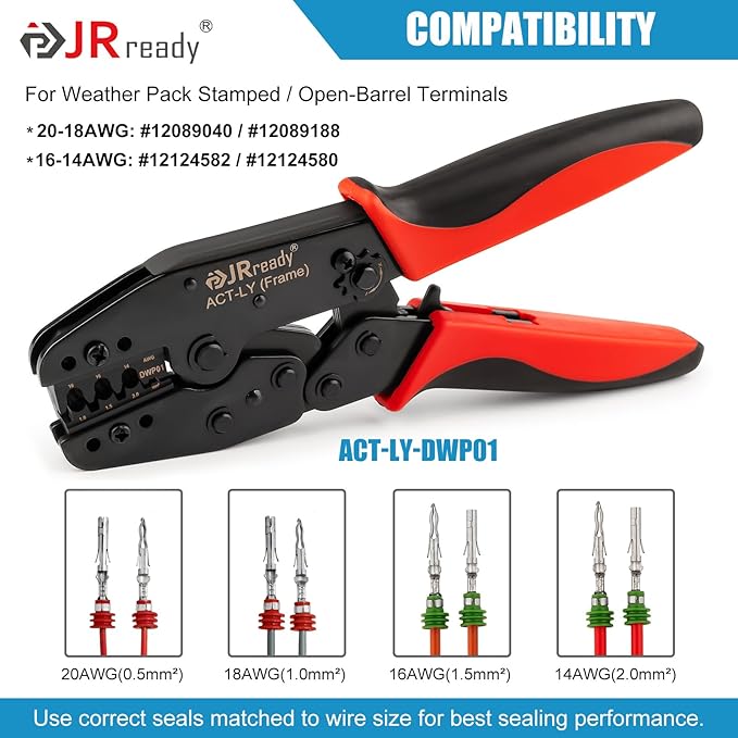 JRready ACT-LY-DWP01 Weather Pack Crimp Tool, Ratcheting One-Cycle Crimper for Delphi/Aptiv Weatherpack Stamped Terminals #12124582/#12124580 & #12089040/#12089188 (20-14 AWG), OEM-Style Crimp