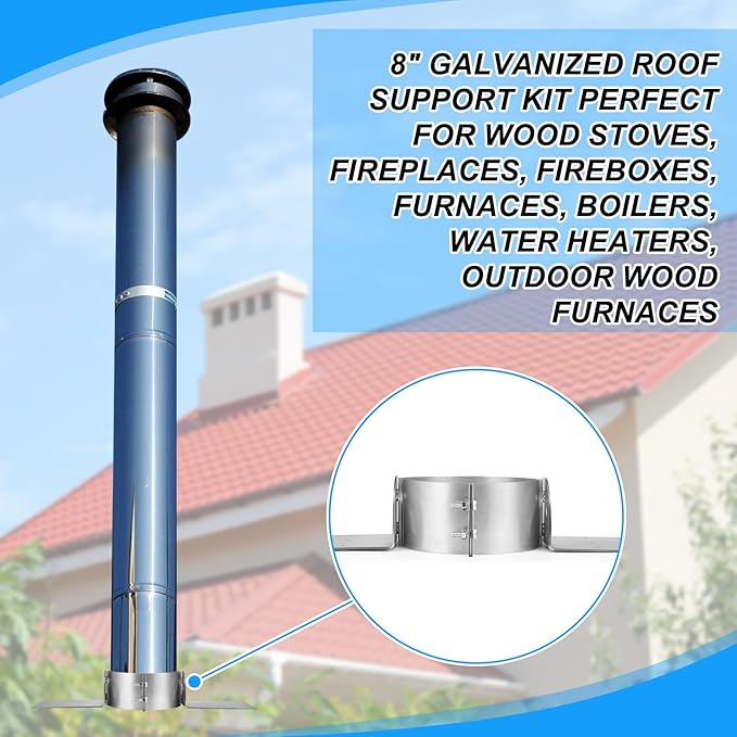 Hicarer 8 Inch Chimney Roof Support Bracket Stove Pipe Roof Brackets Adjustable Galvanized Support Kit with Fixing Holes for Double Wall Insulated Chimney Pipe