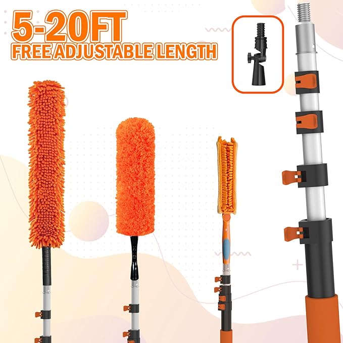 26FT Reach Ceiling Fan Cleaner Duster, Fan Blade Cleaner Kit with 5-20FT Extension Pole, Microfiber Duster & Replaceable Cleaning Cloth for Blades, Ceiling, Furniture