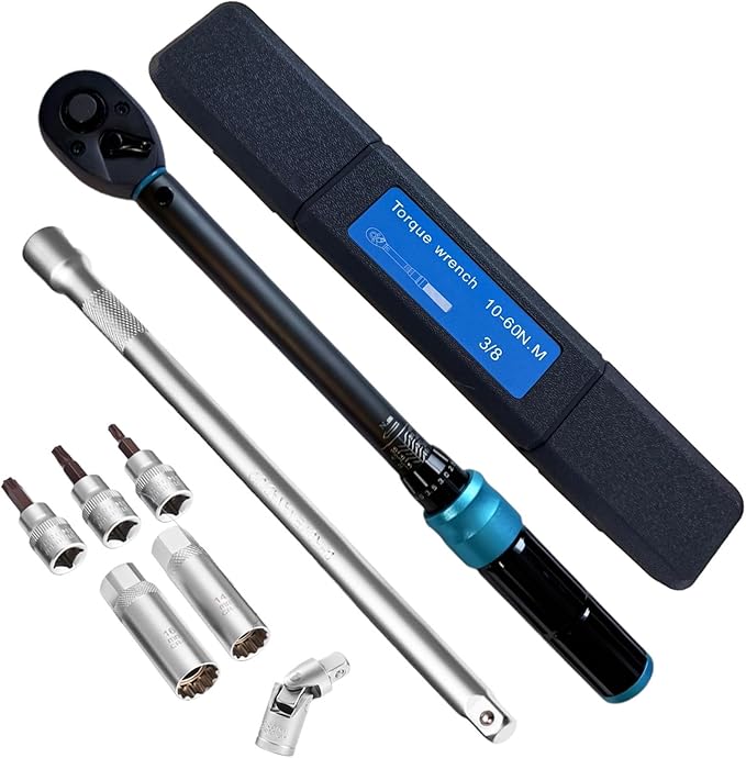 3/8" Drive Click Torque Wrench Set, 7.37~44.27 Ft-Lb/10-60 Nm, Magnetic Spark Plug Socket Set, ±3% Accuracy, 72-Tooth Dual Range Scales Torque Wrench for Bike, Motorcycle, Car
