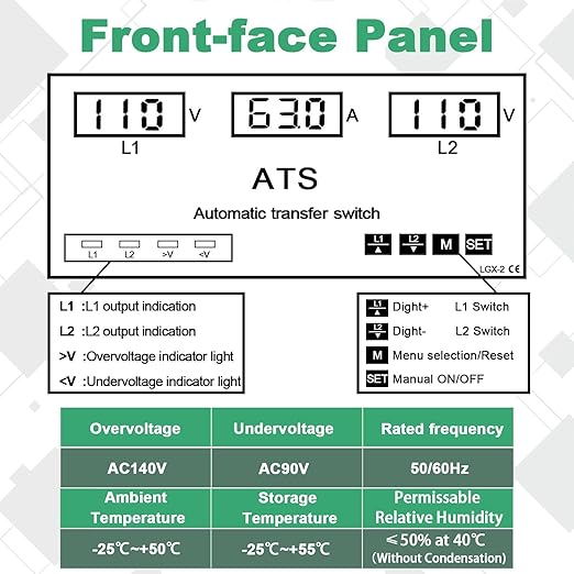 63A 110V Automatic/Manual Transfer Switch, L1 Priority Phase Selector, LED Display, Din Rail Mount, 50/60Hz, CE Certified ATS for Generator, Inverter, Public Power