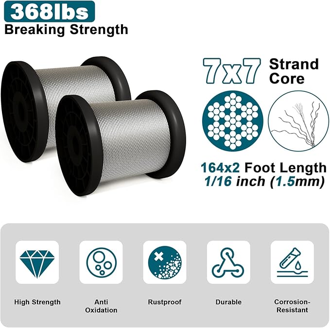 328ft Wire Rope Crimping Tool Kit with Built-in Cutter, 1/16" Stainless Steel Wire Rope Cable with 210PCS Aluminum Crimping Loop Sleeve, 50PCS Thimble for Railing, Decking, Picture Hanging