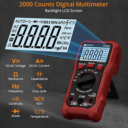 Neoteck 2000 Counts Digital Multimeter Voltmeter Tester with NCV, LCD for AC/DC Voltage&Current, Resistance, Capacitance, Live Wire, Frequency, Temperature, Duty Cycle, Continuity, Diode Measuring-Red