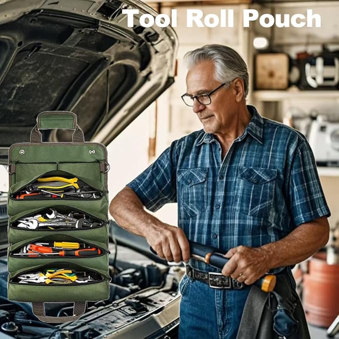 Upgraded Heavy Duty Tool Roll Up Bag Organizer with 6 Zipper Pockets - Canvas Wrench Pouch for Mechanic & Electrician, Car Seat Back Hanging Storage for Truck Jeep RV, Waterproof Emergency Gear Case