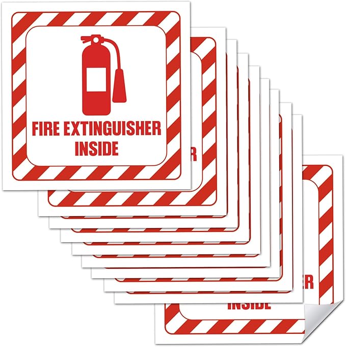 10 Pcs Fire Extinguisher Inside Sign Sticker, Vinyl Safety Signs Decals for Trucks, Cabinets or Equipment, 2.75" x 2.75" Self Adhesive, Weatherproof & UV Protected