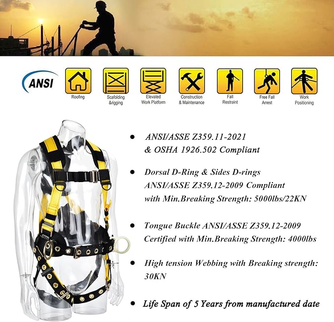 3D-Rings Fall Potection Safety Harness With Waist＆Leg Tounge Buckles|Waist & Shoulder Pad Support ANSI Compliant