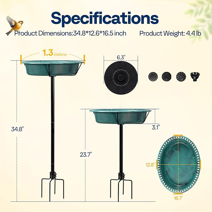 VIVOHOME Oval Bird Bath with Solar Fountain for Outside, Weather-Resistant ABS Birdbath Bowl with Solar Powered Pump, Metal Ground Stake for Outdoor, Garden, 1.3 Gallons, Green