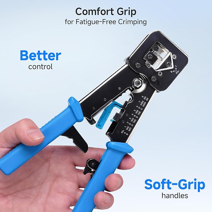 Cable Matters Modular RJ45 Crimp Tool for Pass-Through Connectors (Pass-Through Ethernet Crimper) with Built-in Wire Cutter and Stripper - 10-Pack Cat6 RJ45 Connectors Included