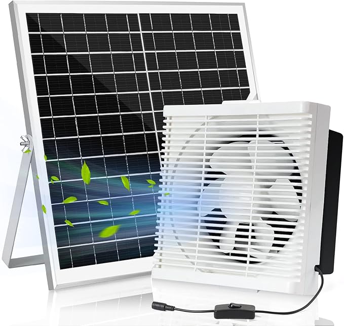 Solar Powered Exhaust Fan, 25W Solar Panel +10" Shutter Ventilation Vent Fan for Outside Greenhouse, Chicken Coop, Shed, Pet House