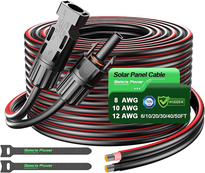 10AWG Bateria Power Solar Panel Extension Cable 20 Feet 6mm² with Female & Male Connectors, 10 Gauge Twin Wire Conductor Parallel Solar Wire Adapter for RV, Photovoltaic Systems