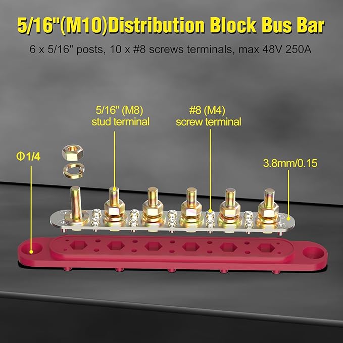 MOFEEZ Power Distribution Block Bus Bar, 6 x 5/16" Posts, 10 x #8 Screws Terminals, Max 48V 250A (Pair, Red & Black)