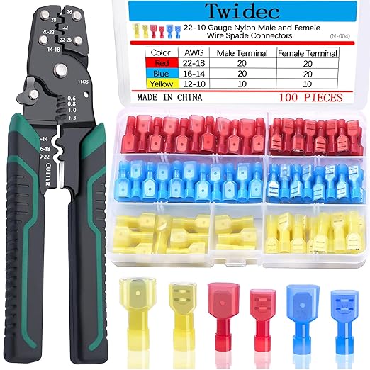 Twidec/100PCS Nylon Spade Connectors Kit 22-10 Gauge Quick Disconnect Fully Insulated Male and Female Wire Spade Terminal Assortment Kit and Wire Crimper Tool with Stripper Cutter