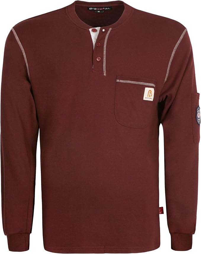 BOCOMAL FR Shirts Flame Resistant Henley Shirt NFPA2112/CAT2 7oz Men's Long Sleeve Fire Retardant Clothing