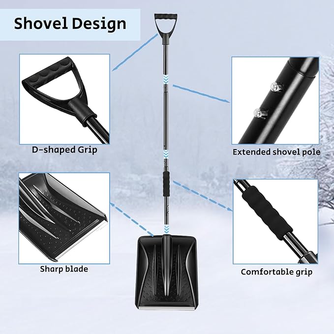 Snow Shovel for Car and Driveway, 42.5" Detachable Emergency Shovel, Lightweight Aluminum Alloy with Ergonomic D-Grip Handle, Portable Snow Removal Tool for Truck SUV Camping Garden