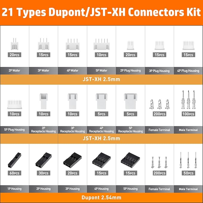 PEBA Crimping Tool and Dupont Connector Kit - 21 Types of 2.54mm Dupont Connectors & Crimp Pins, 2.5 mm JST-XH Contacts and Housings, for DIY Electronics - Suitable for AWG 32-20 Wires