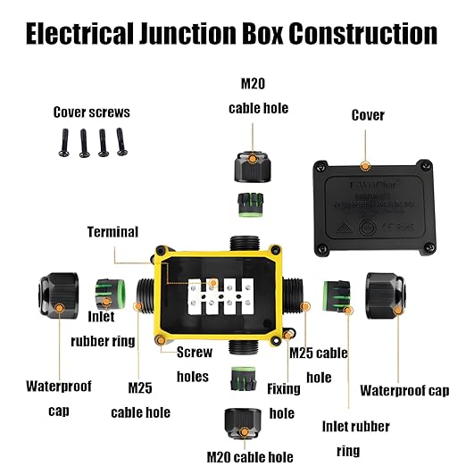 IP68 Waterproof Junction Box, 4 Way Outdoor Electrical Box with Terminal Block & Screwdriver for Landscape Lighting, Garden Lights