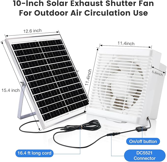 Solar Exhaust Fan, Solar Powered Vent Fan Kit for Outside Greenhouse Shed Chicken Coop (10" Fan)