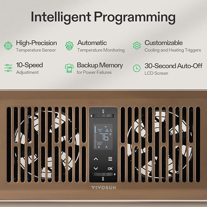 VIVOSUN Quiet Register Booster Fan for 𝟒" 𝐱 𝟏𝟎" Holes, Cooling Heating Vent Fan with 10-Speeds App Control &Adjustable Wind Direction, Thermostat Control for Bedroom, Bathroom &Attic, Brown