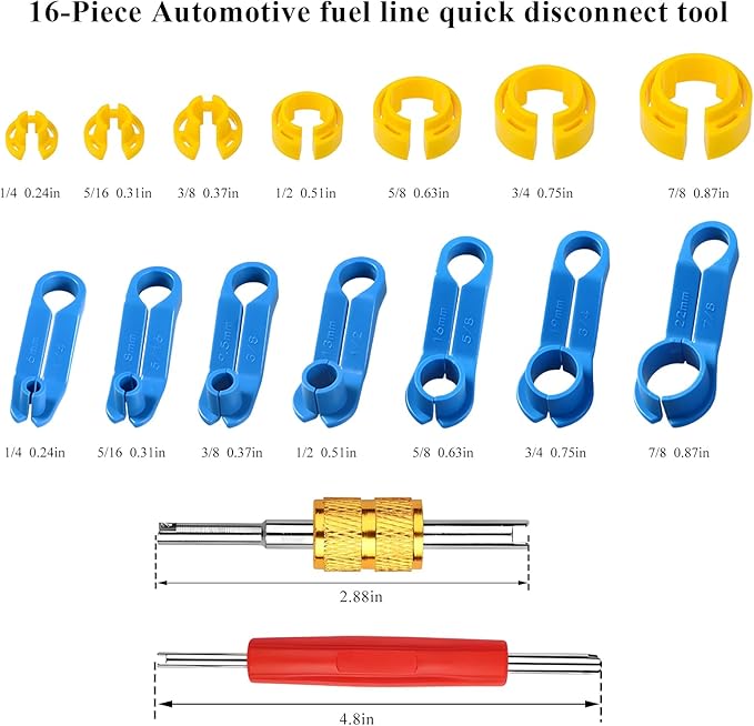 16PCS AC Fuel Line Disconnect Removal Tool Set, 1/4 5/16 3/8 1/2 5/8 3/4 7/8 Inch Car Transmission Oil Cooler Line Quick Disconnect Kit, Fuel Line Master Disconnect Tool with Valve Core Remover