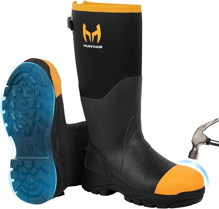 Rubber Work Boots for Men with Steel Toe, 1100N Puncture-Proof Hunting Boots with 7mm Neoprene Waterproof and EVA Midsole, Adjustable Back Gusset, Ideal for Hunting, Work, and Farming Size 7-14