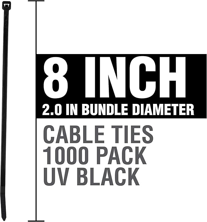 ZipIts 1000 Pieces 8-in 75 Lb Tensile Strength Standard Duty Cable Ties, Black UV Resistant, Nylon 6/6, UL Listed, Contractor Grade Quality Wire Ties