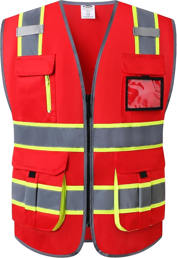 JKSafety 7 Pockets High Visibility Red Safety Vest for Men and Women Zipper Front with Hi-Vis Reflective Strips Meets ANSI/ISEA Standards (XX-Large, 130-Red)