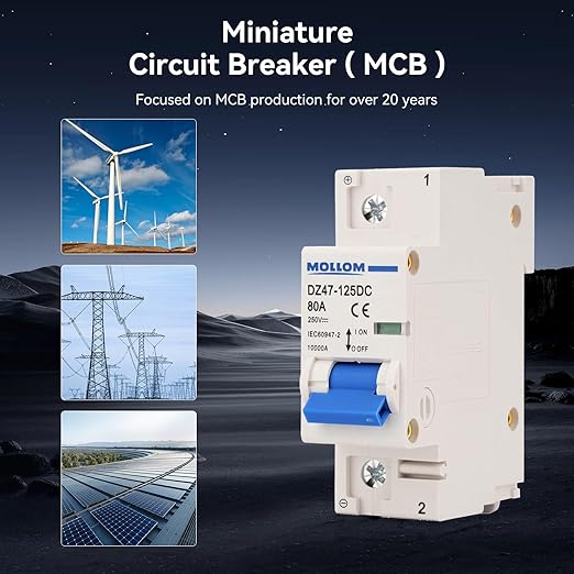 MOLLOM DC 1 Pole Miniature Circuit Breaker, 250V 80Amps, C80 Scene Visualization Custom MCB Thermal Magnetic Trip, 6KA Breaking Capacity DC Disconnect Switch for Solar PV System
